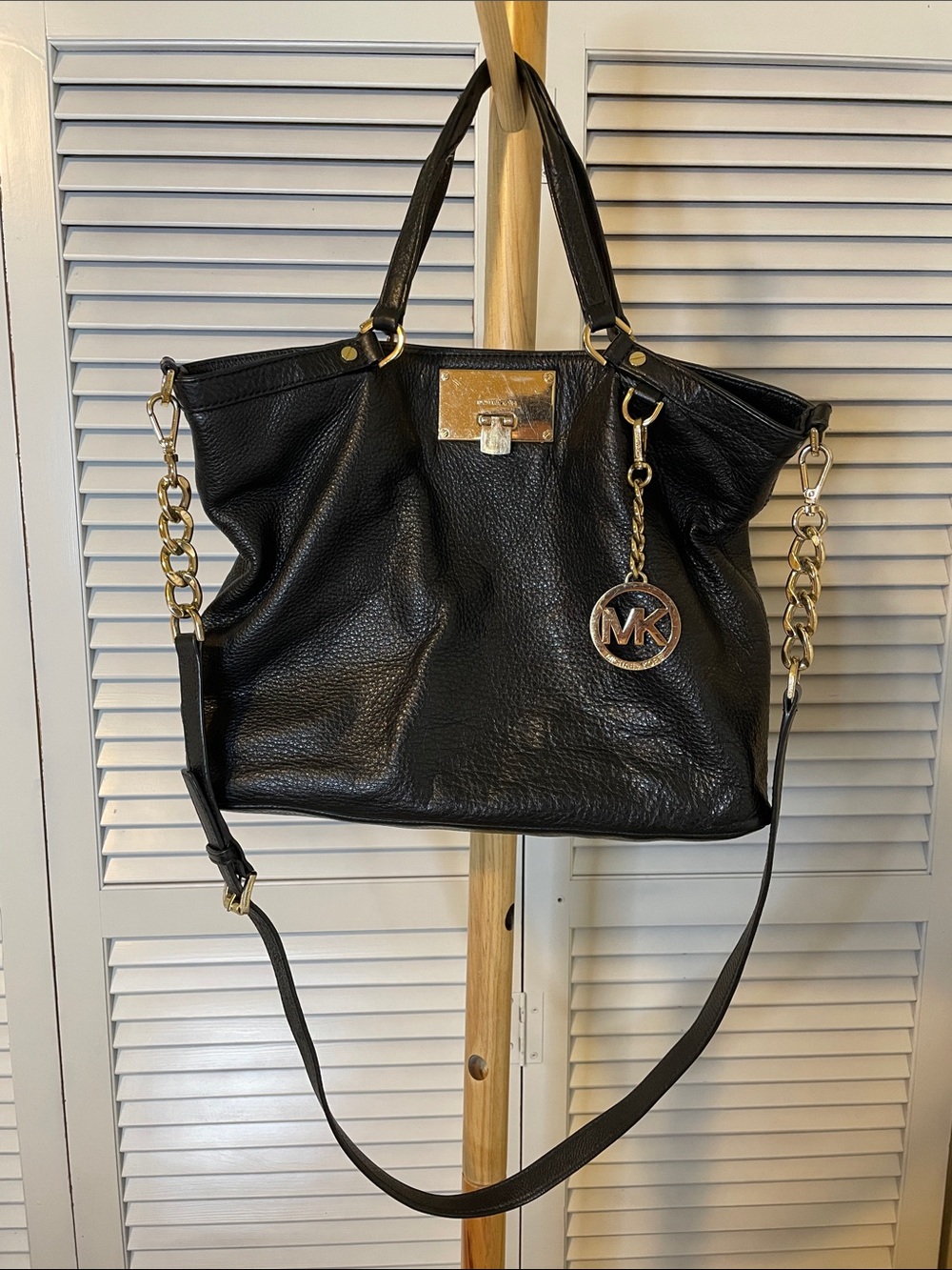 Michael Kors Black Pebbled Leather Shoulder Tote with Gold Accents